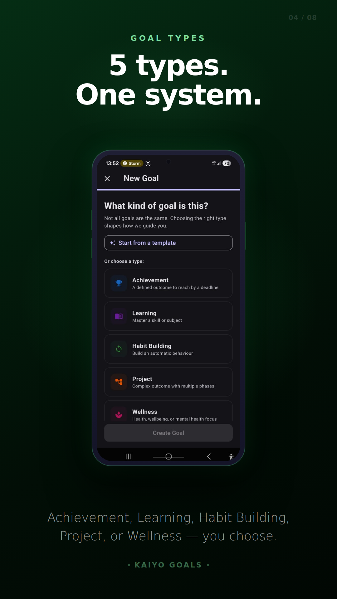 Kaiyo Goals Android app environmental cue setup for habit formation